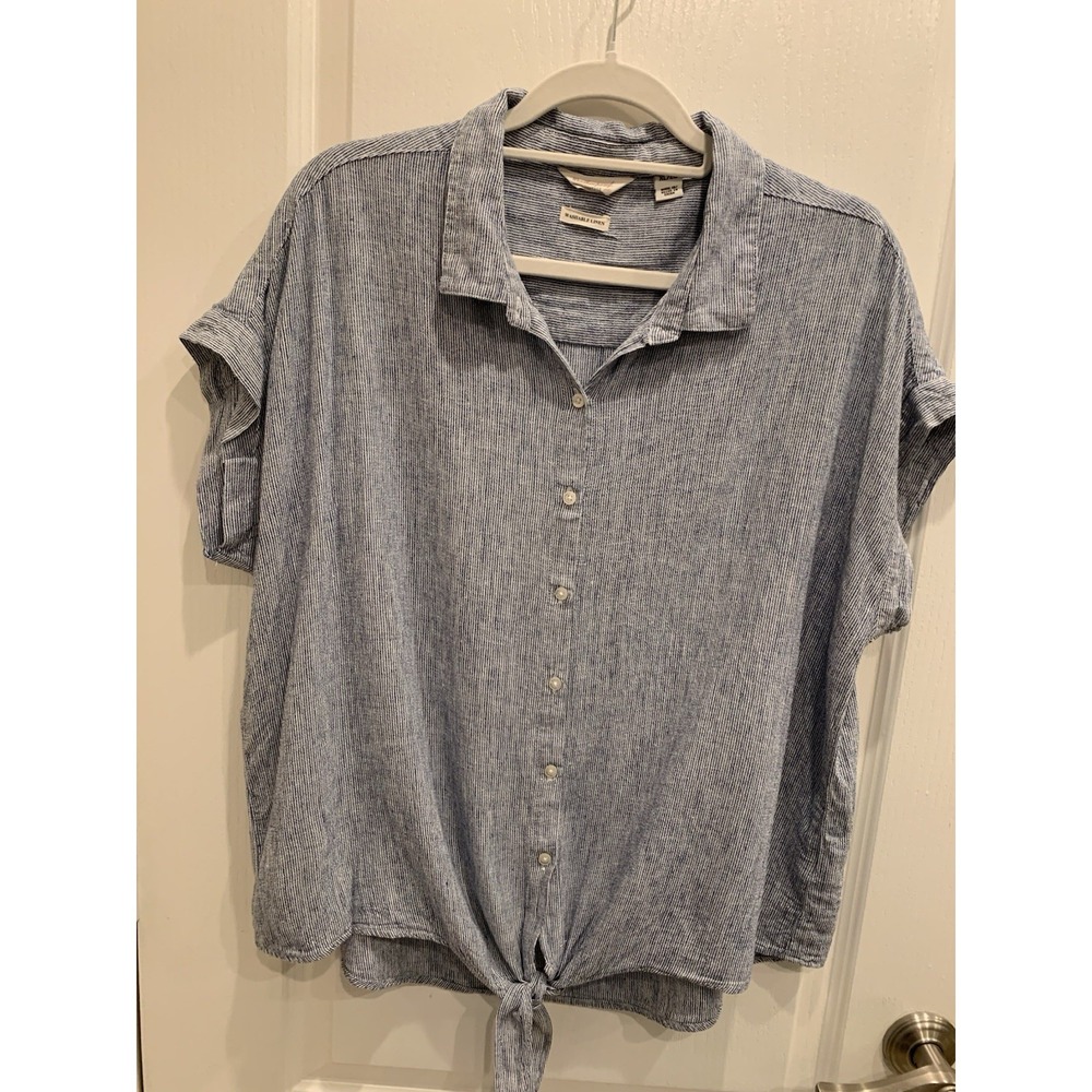Weatherproof Women's Washable 100% Linen XL Boho Tie Bottom Shirt Blue‎ Stripe